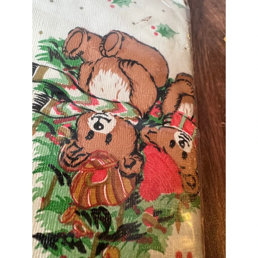 Vintage Christmas Bear Flannel‎ Backed Vinyl Tablecloth Round 60 inch